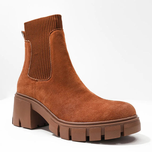 Women's Square Heel Ankle Boots with Thick Sole, Round Toe Faux Suede