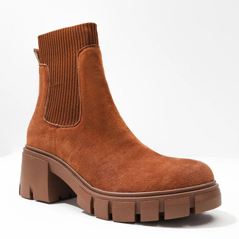 Women's Square Heel Ankle Boots with Thick Sole, Round Toe Faux Suede
