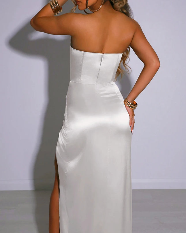 Women's Satin Backless Dress with Push-Up Bust, High-Waist Elastic Fit, Zip Split Design