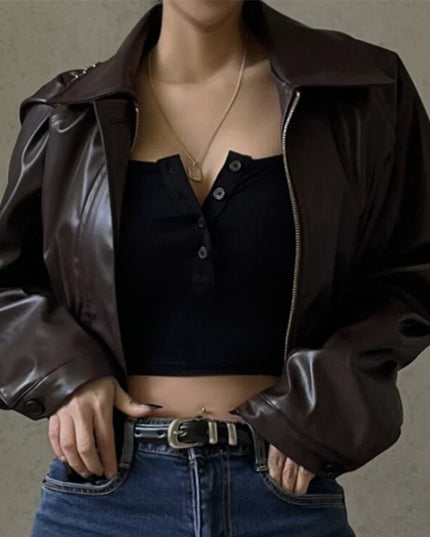 Women's Faux Leather Jacket with Turn-Down Collar