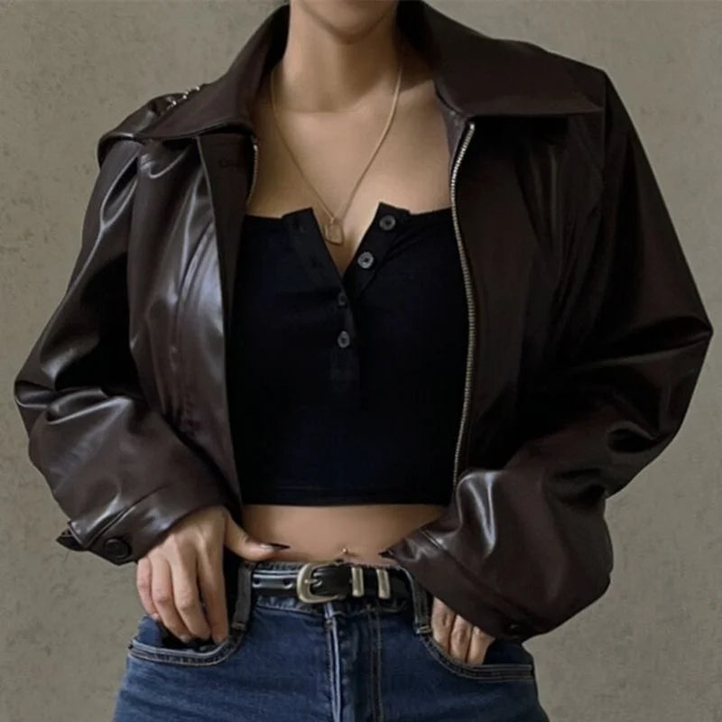 Women's Faux Leather Jacket with Turn-Down Collar