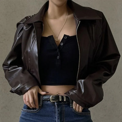 Women's Faux Leather Jacket with Turn-Down Collar