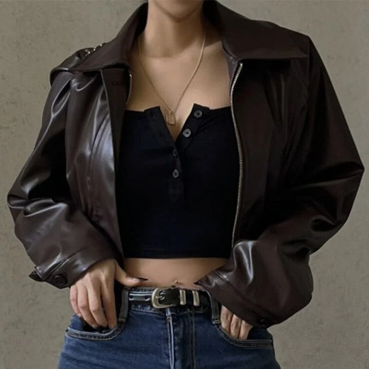 Women's Faux Leather Jacket with Turn-Down Collar