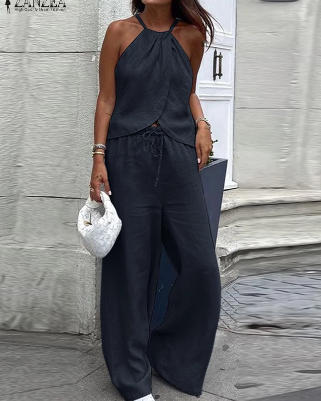 ZANZEA Women's Two-Piece Set: Sleeveless Halter Tops and Elastic Waist Pants