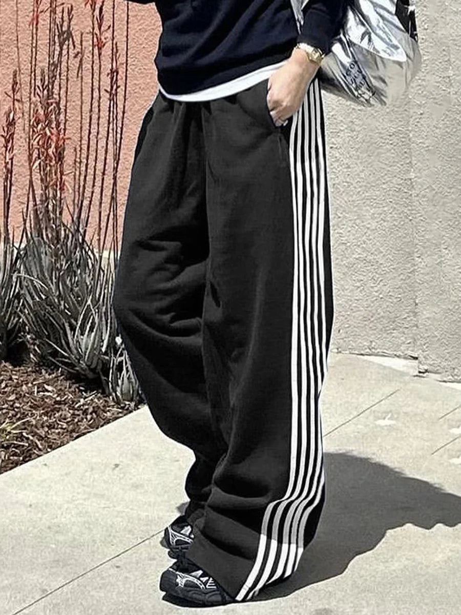 Women's Wide Leg Track Pants - Baggy Side Striped Sweatpants with Elastic Waistband