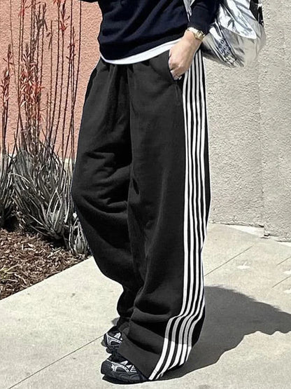 Women's Wide Leg Track Pants - Baggy Side Striped Sweatpants with Elastic Waistband