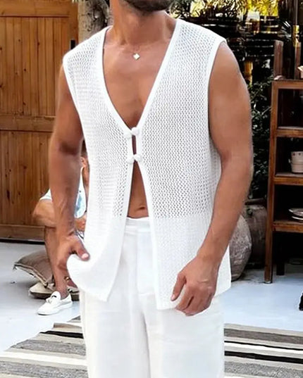 Men's Summer Tank Top with Solid Design, Hollow Out, See-Through Style, and Button Detail