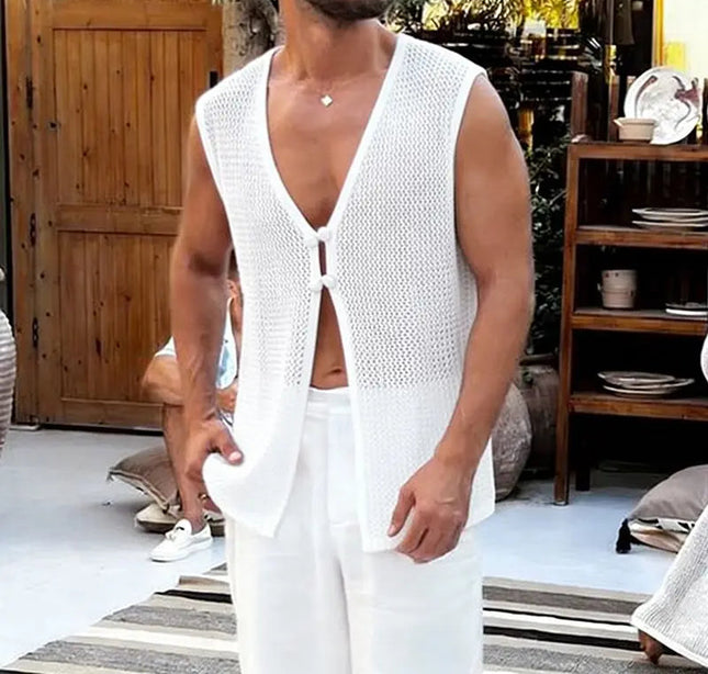 Men's Summer Tank Top with Solid Design, Hollow Out, See-Through Style, and Button Detail