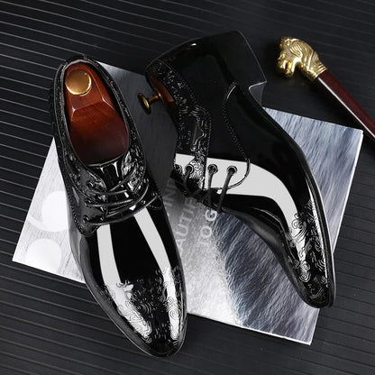 Men's Formal Black Brogue Lace-Up Dress Shoes in PU Leather