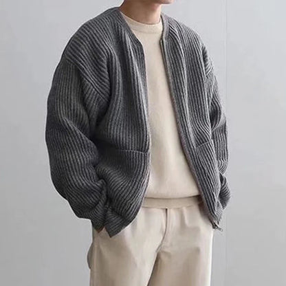 Men's Casual Round Neck Zip-Up Striped Jacket with Pocket – Stylish & Versatile Outerwear