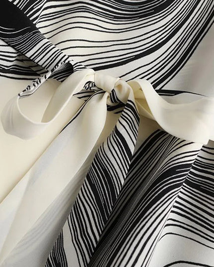 Vintage Chiffon Blouse for Women - Striped, Short Sleeve, Lace-Up