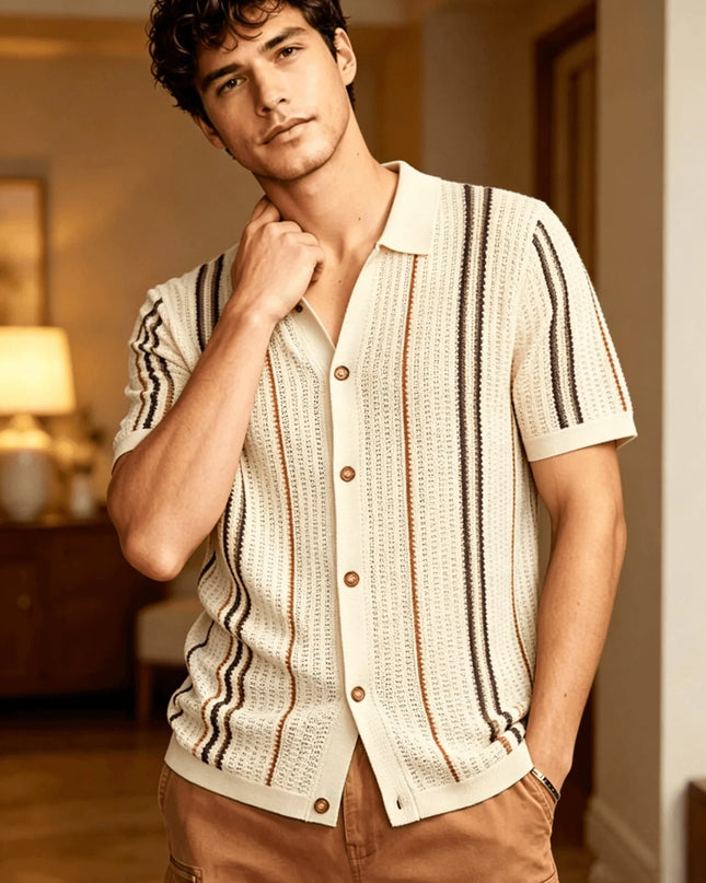 Men's Retro Style Striped Knit Polo Shirt - Casual Classic