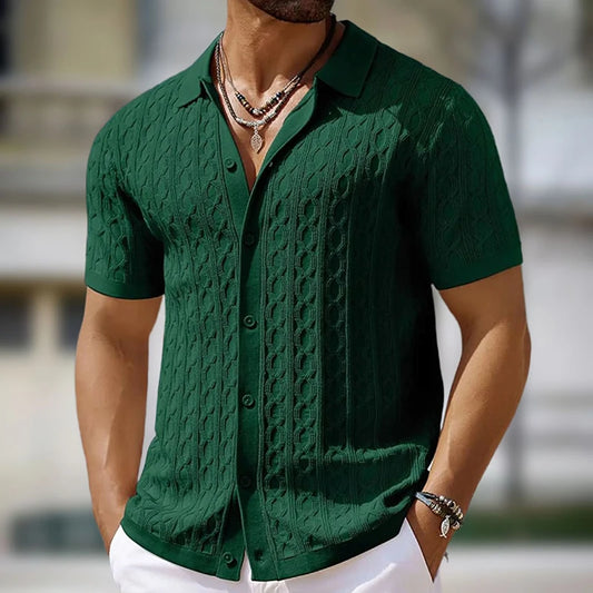 Men's Single-Breasted Knitted Polo Shirt  - Stripe Jacquard Design