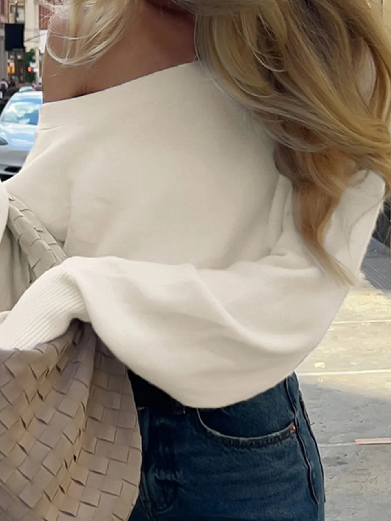 Women's Off-Shoulder Sweater with Loose Slash Neck, Long Sleeves, and Knit Fabric