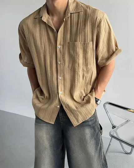 Men's Casual Hollow Stripe Short Sleeve Shirt - Loose Fit, Breathable, Button-Down