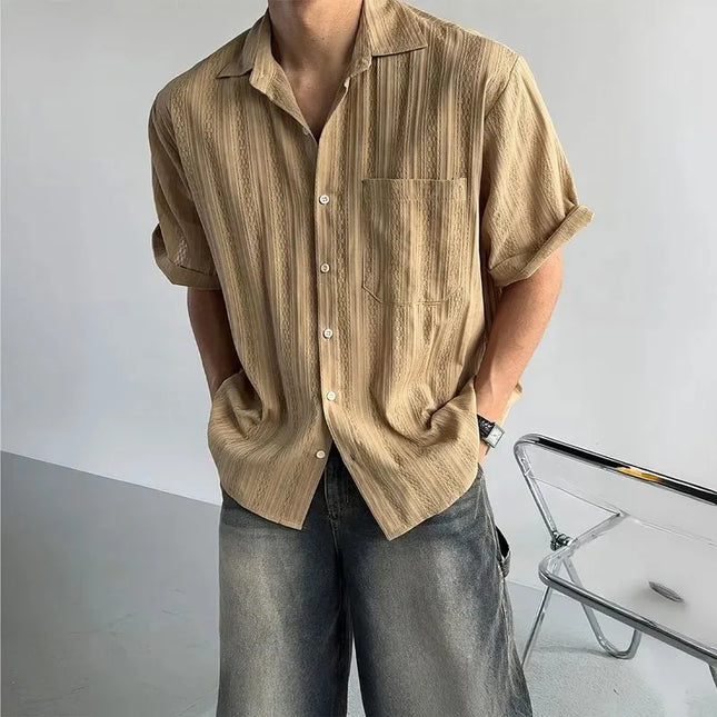 Men's Casual Hollow Stripe Short Sleeve Shirt - Loose Fit, Breathable, Button-Down