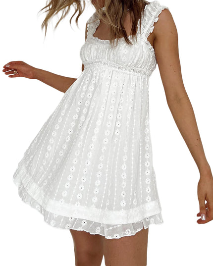 Women's Mini Dress with Low Cut, Floral Embroidery, and Ruffle Trim