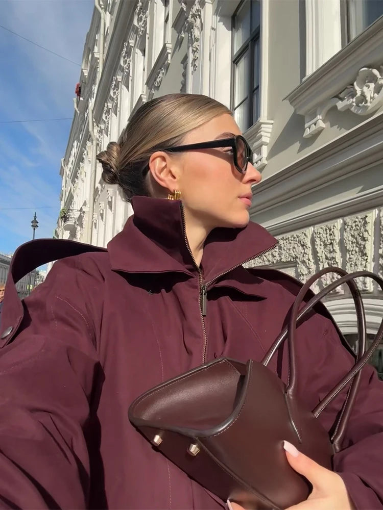 Women's Zipper Bomber Jacket – Loose Fit, Stand Collar, Button Closure