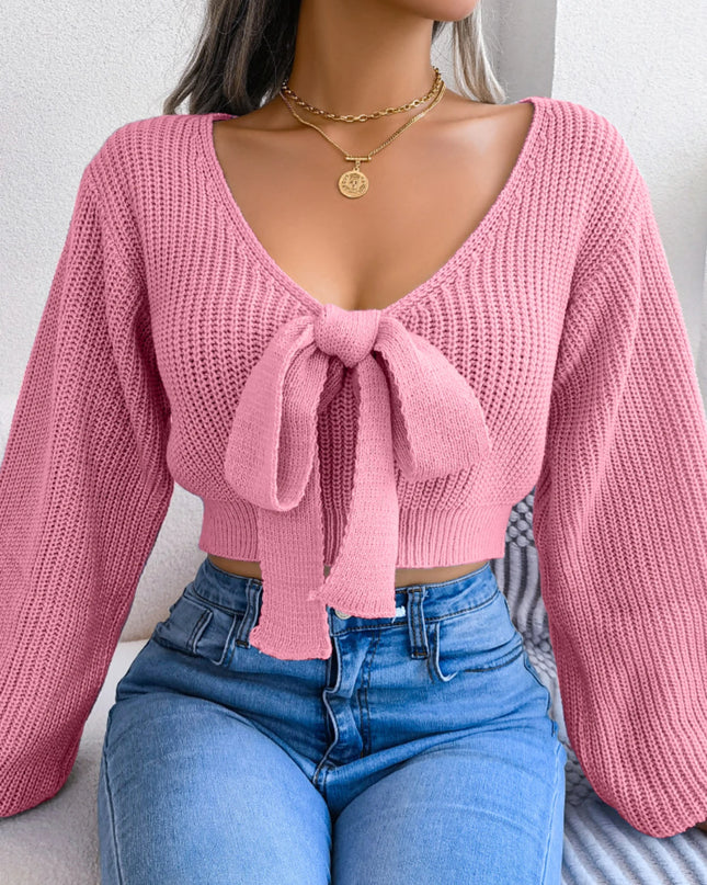 Bow Tie Sweater for Women with Puff Sleeves