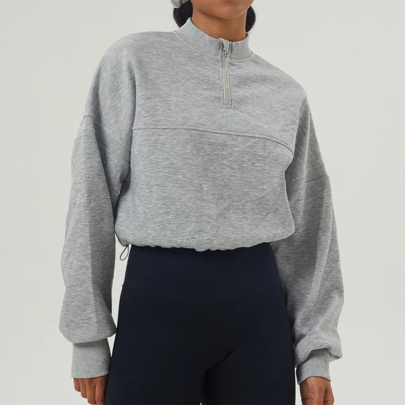 Women's High Neck Oversized Quarter Zip Cropped Sweater with Drawstring