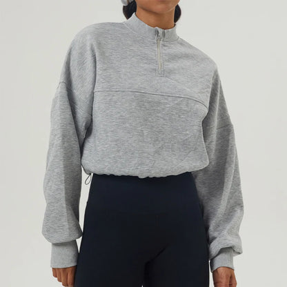 Women's High Neck Oversized Quarter Zip Cropped Sweater with Drawstring