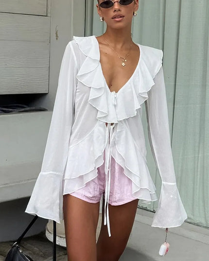Women's V-Neck Lace-Up Ruffle Long Sleeve Blouse Loose Fit