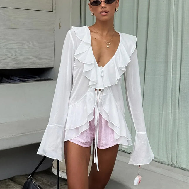 Women's V-Neck Lace-Up Ruffle Long Sleeve Blouse Loose Fit