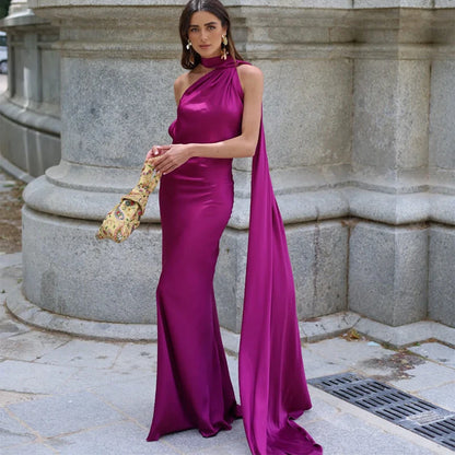 Elegant Backless Long Satin Halter Neck Dress for Women