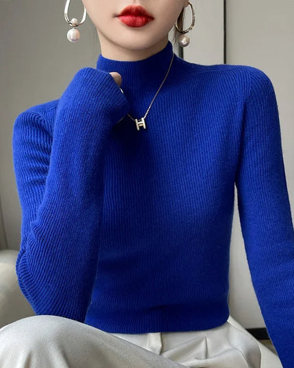 Ribbed Neck Sweater for Women - Fitted Knitted Pullovers
