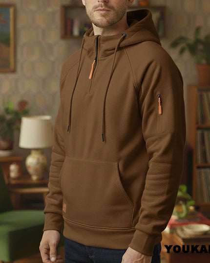Men's Retro Hooded Sweatshirt with Long Sleeves, Zipper, Multiple Pockets