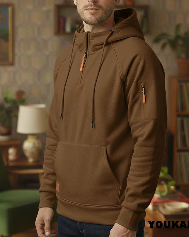 Men's Retro Hooded Sweatshirt with Long Sleeves, Zipper, Multiple Pockets