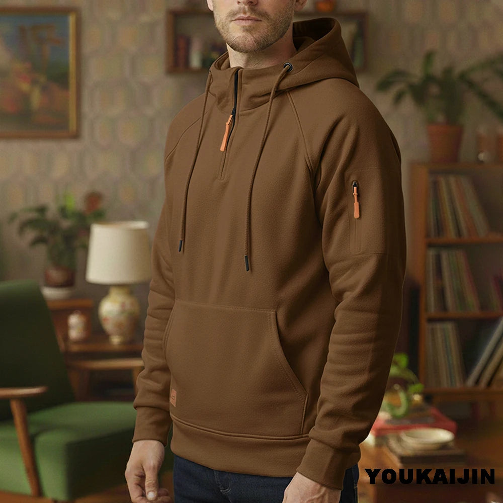 Men's Retro Hooded Sweatshirt with Long Sleeves, Zipper, Multiple Pockets
