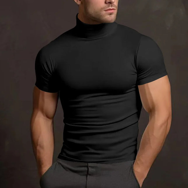 Men's High Collar Elastic Short Sleeve T-Shirt