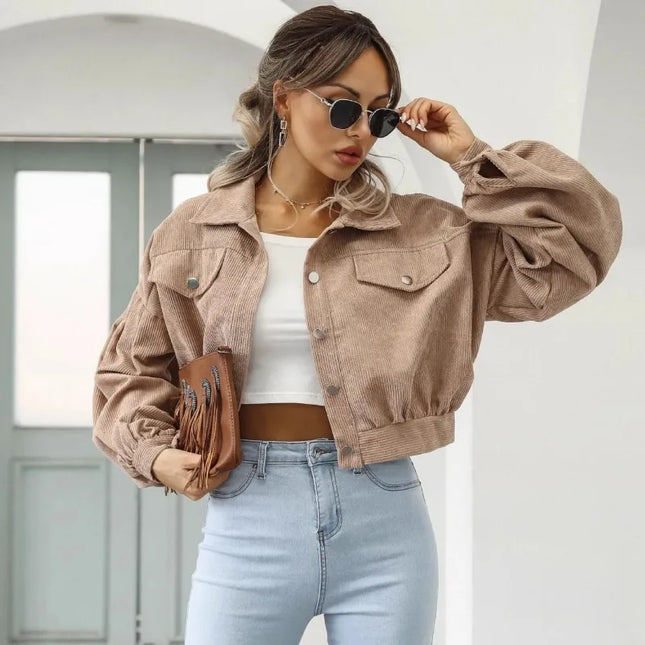 Women's Casual Lapel Corduroy Jacket with Lantern Sleeves