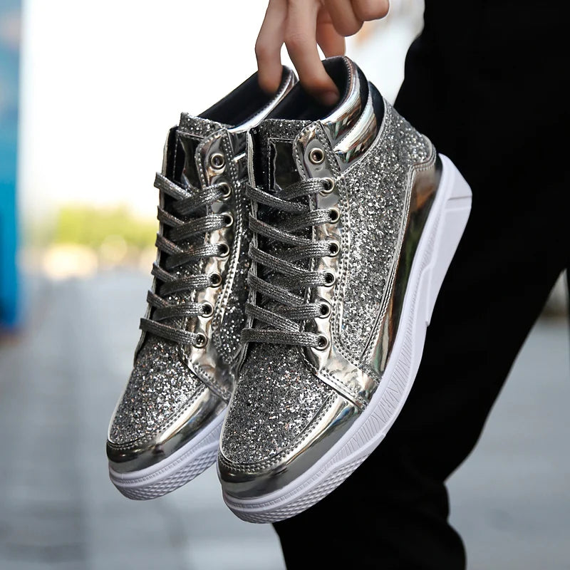 Men's High Top Glitter Sneakers - Glossy Stylish Athletic Shoes for Men