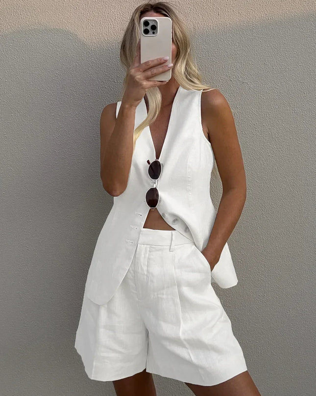 Women's Cotton Linen 2-Piece Vest and Shorts Set