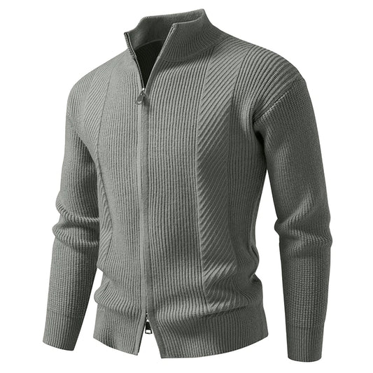 Men's Slim Knit Sweater Jacket with Stand Collar and Zipper