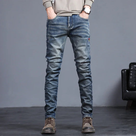 Men's Vintage Slim Fit Distressed Denim Jeans – Classic Retro Style Slim Pants