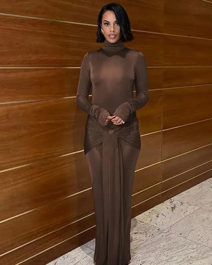 Tight-Fitting Lace-Up High Neck Long Sleeve Bodycon Dress for Women