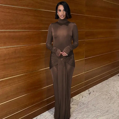 Tight-Fitting Lace-Up High Neck Long Sleeve Bodycon Dress for Women