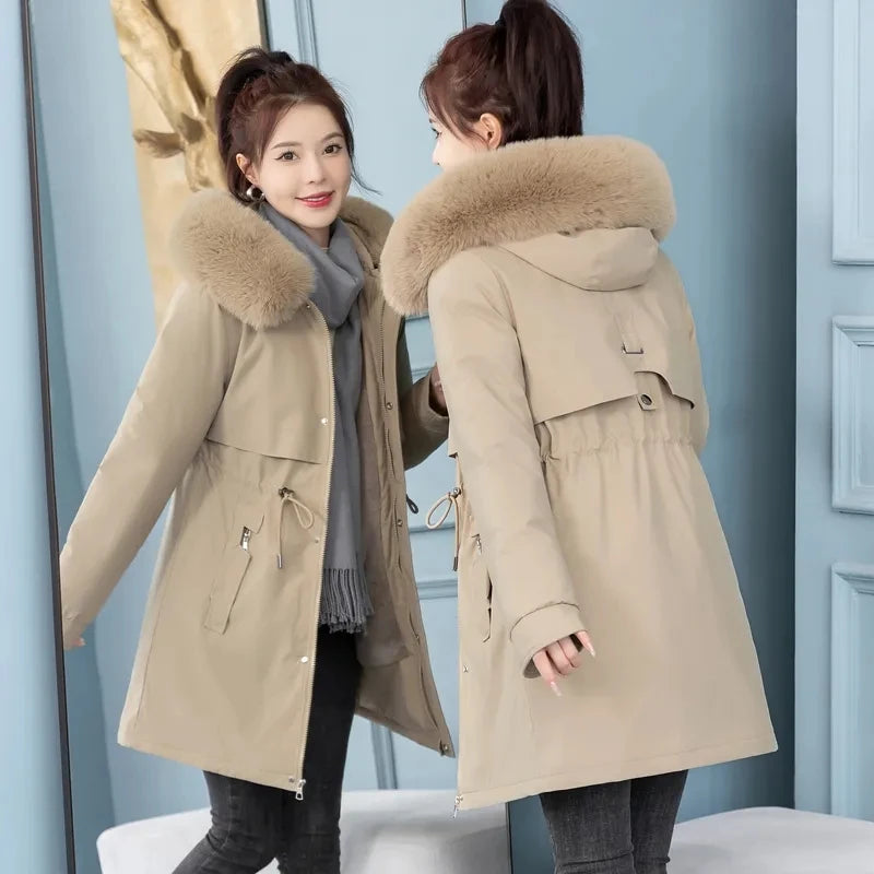 Women's Long Hooded Parka Coat with Wool Lining and Fur Collar - Various Colors