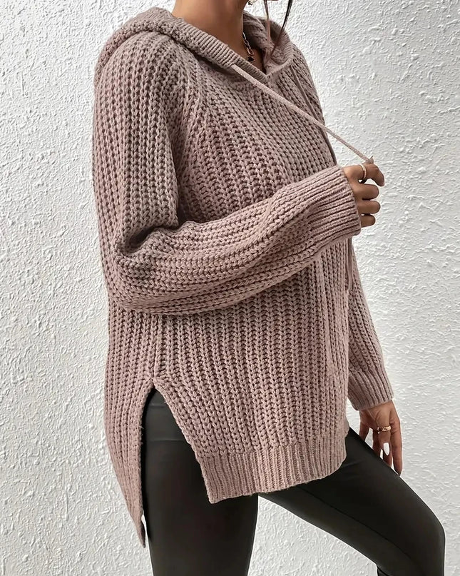 Women's Hooded Sweater with Raglan Sleeves and Split Hem Design