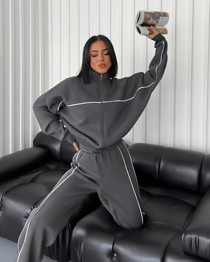 Women's Two-Piece Striped Zipper Jacket and Pants Set