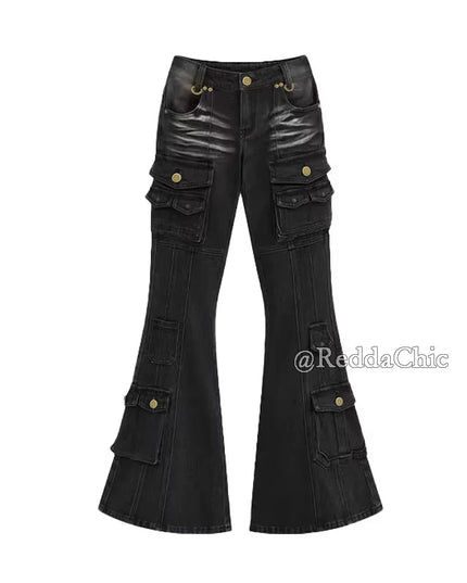 Redda Chic Women's Low Waist Cargo Jeans – Distressed, Multi-Pocket, Stretch Bootcut Denim