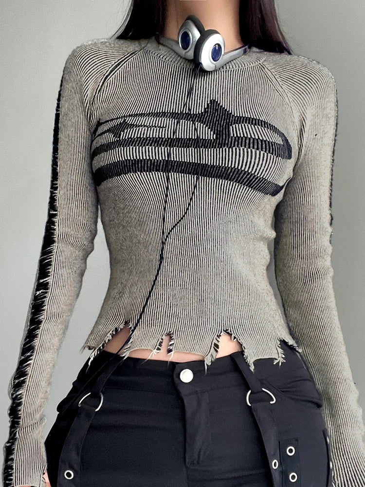Womens Vintage Ripped Knitted Sweater with Harajuku Print