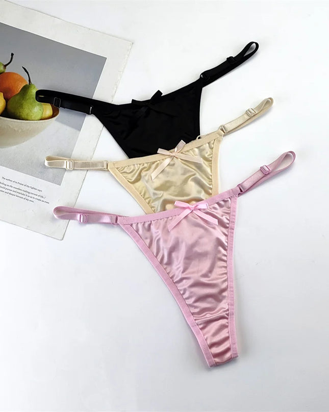 3-Piece Pink Satin Thong Set for Women - Adjustable Low Waist, Comfortable Silk Lace Underwear