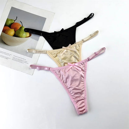 3-Piece Pink Satin Thong Set for Women - Adjustable Low Waist, Comfortable Silk Lace Underwear