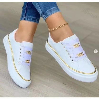 Women's Platform Low-Top Faux Leather Sneakers - Lace-Up, Non-Slip Sole