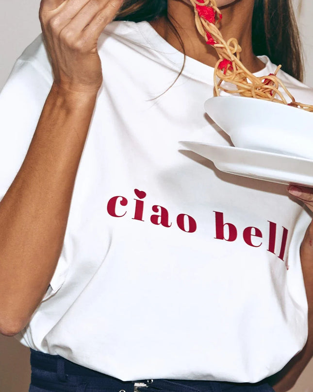 Women's "Ciao Bella" Printed Cotton T-Shirt - Loose Fit, Casual Style