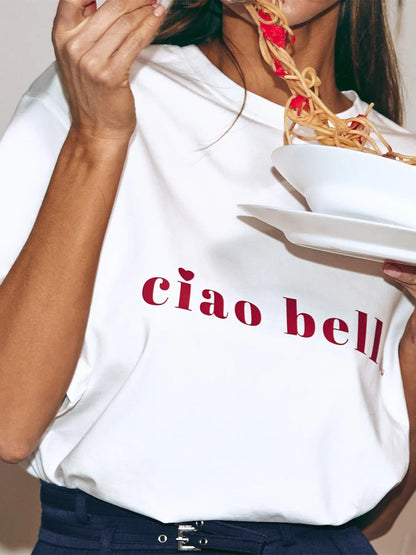 Women's "Ciao Bella" Printed Cotton T-Shirt - Loose Fit, Casual Style